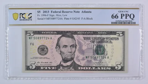 2013 $5 Atlanta GA FRN Fr#1996-F Gem Unc 66 PPQ PCGS
