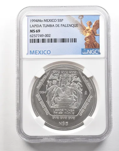 1994 Mo Mexico 5 Pesos Silver Lapida Tumba De Palenque MS69 NGC *5155