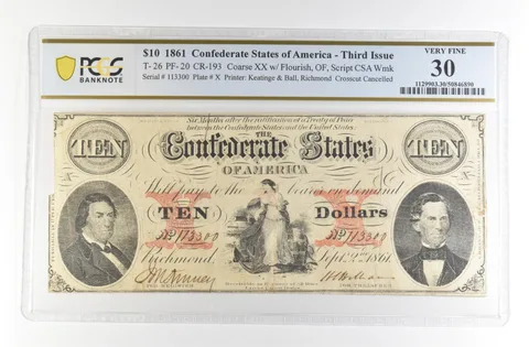 1861 $10 Confederate States Large Note T-26 PF-20 CR-193 VF 30 PCGS *4167
