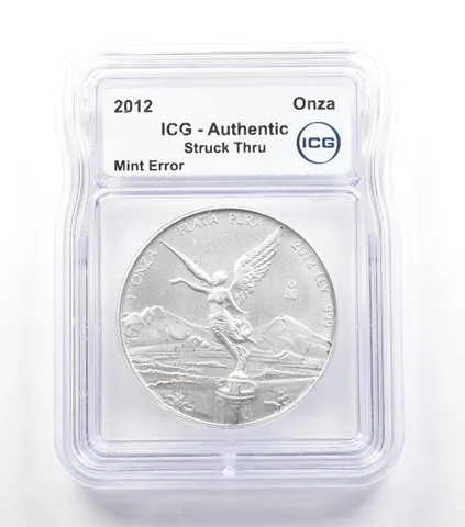 2012 Mo Mexico 1 Onza Silver Libertad Mint Error Struck Thru Authentic ICG *5051