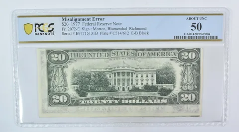 1977 $20 Richmond VA FRN Misalignment Error Fr#2072-E About Unc 50 PCGS a5993