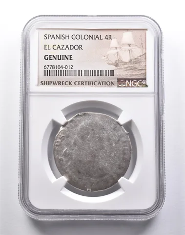 Genuine El Cazador Spanish Colonial 4 Reales NGC Shipwreck Certification *3683