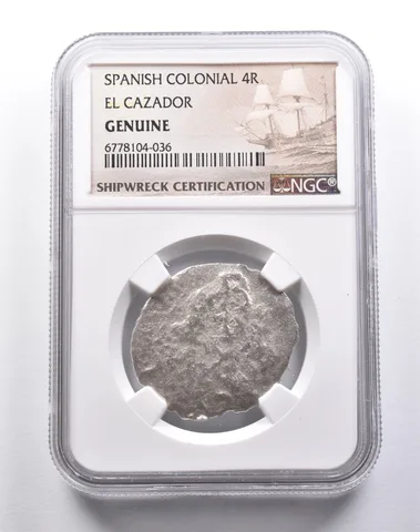 Genuine El Cazador Spanish Colonial 4 Reales NGC Shipwreck Certification *3753