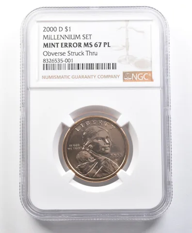 2000-D Sacagawea $1 Millennium Set Mint Error Obv Struck Thru MS67 PL NGC *3137