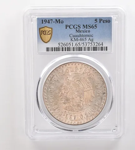 1947 Mo Mexico 5 Peso Silver Cuauhtemoc MS65 PCGS Beautiful Tone *3248