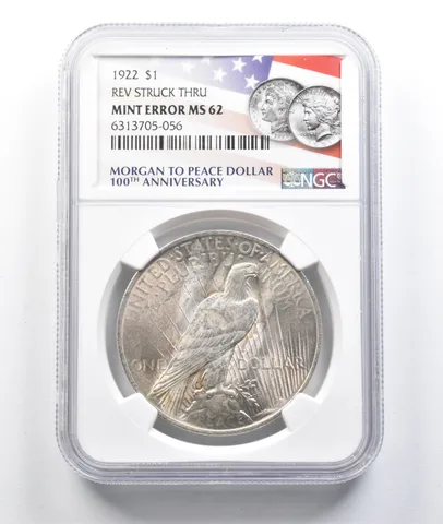 1922 Peace Silver Dollar Error MS62 Reverse Struck Thru NGC a0454