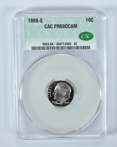 1998-S Roosevelt Dime PR69 DCAM CAC CACg