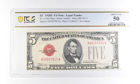 1928 E $5 US Legal Tender Fr#1530m Mule About Unc 50 PCGS a2316
