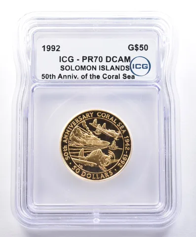 1992 Solomon Islands $50 Gold The Coral Sea PR70 DCAM ICG 1/2 Oz *4047