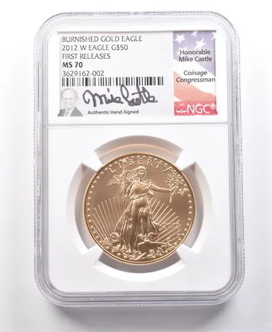 2012-W $50 Burnished Gold Eagle Mike Castle First Releases 1 Oz MS70 NGC a5048