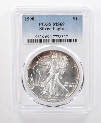MS69 1990 American Silver Eagle PCGS Red Peripheral Toning a1672