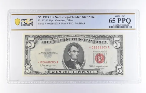 1963 $5 Legal Tender Star Note Fr#1536* Gem Unc 65 PPQ PCGS *8331