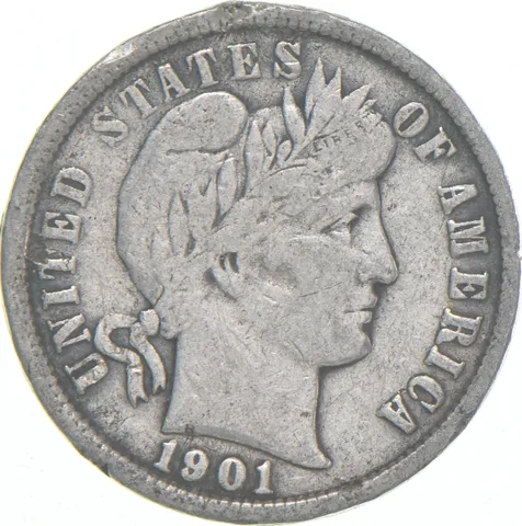 1901-P Barber Dime 90% Silver Average Circ