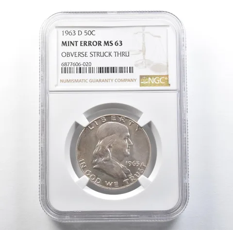 1963-D Franklin Half Dollar Mint Error Obverse Struck Thru MS63 NGC *3105