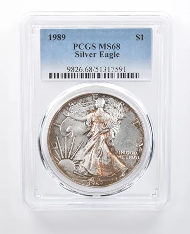 1989 American Silver Eagle MS68 PCGS Mottled Tone *8193