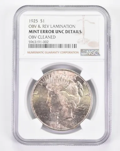 Mint Error UNC Details 1925 Peace Silver Dollar OBV & REV Lamination NGC a8841