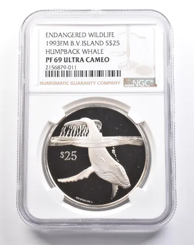 1993 FM British Virgin Islands $25 Silver Humpback Whale PF69 UCAM NGC a4933
