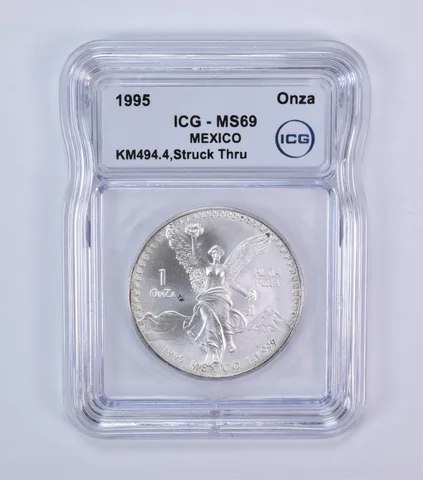1995 Mo Mexico 1 Onza Silver Libertad Mint Error Struck Thru MS69 ICG *7965