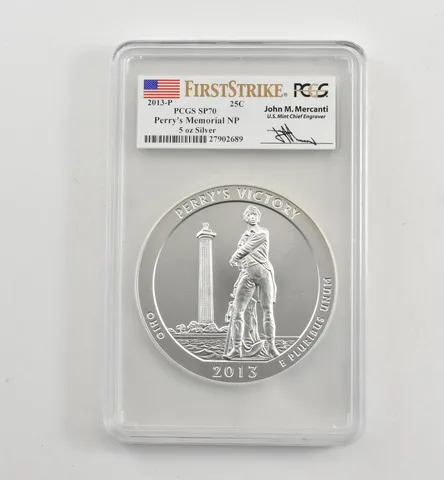 2013-P 5 Oz Silver Quarter ATB Perry's Memorial Mercanti SP70 PCGS *1702