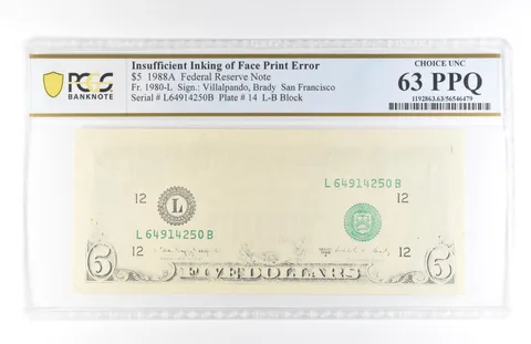 1988 A $5 63 FRN Insufficient Ink Of Face Print Error Fr#1980-L PPQ PCGS *5820