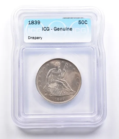 1839 Seated Liberty Half Dollar Drapery Genuine ICG a1657