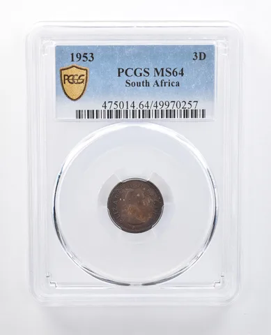 1953 South Africa 3 Pence MS64 PCGS Beautiful Tone *7985