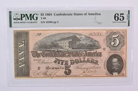 1864 $5 Confederate States Of America T-69 Gem Unc 65 EPQ PMG