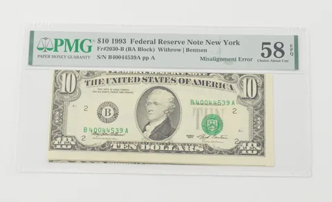 Choice About UNC 58 EPQ 1993 $10 FRN NY FR#2030-B Misalignment Error PMG *6581