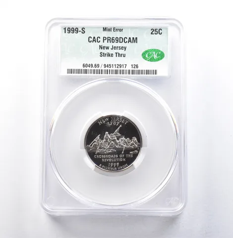 1999-S State Quarter New Jersey Silver Error Strike Thru PR69 DCAM CAC a5820