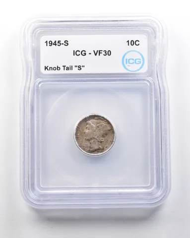 1945-S Mercury Dime Mint Error Knob Tail "S" VF30 ICG *1620