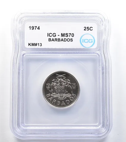 1974 Barbados 25 Cents KM#13 MS70 ICG *8000