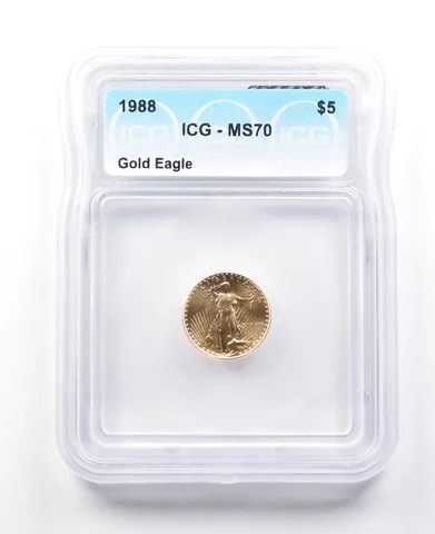 1988 $5 American Gold Eagle 1/10 Oz Gold MS70 ICG MCMLXXXVIII