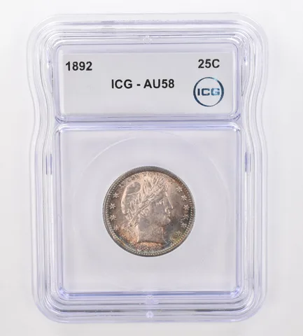 1892 Barber Quarter AU58 ICG Beautiful Tone a9861