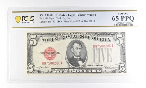 1928 F $5 US Legal Tender Wide I Fr#1531 Gem Unc 65 PPQ PCGS *2371