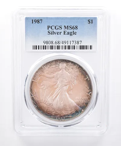 1987 American Silver Eagle MS68 PCGS Blue/Purple Tone *8483