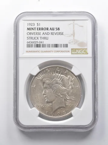 MINT ERROR AU58 1923 Peace Silver Dollar OBV & REV Struck Thru NGC a7884