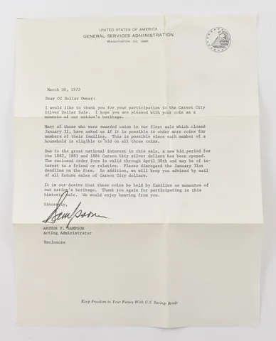 1973 GSA Carson City Silver Dollar Sale Letter Advertisement *7554
