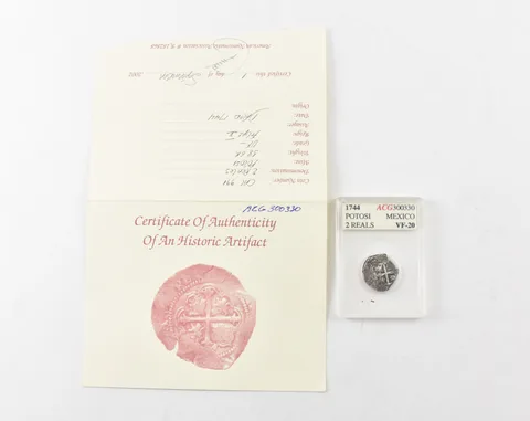 1744 Potosi Mexico 2 Reales La Capitana Ship W/ CoA *9065