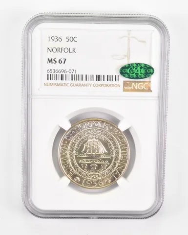 MS67 1936 Norfolk Bicentennial Commemorative Half Dollar CAC - Graded NGC a0588