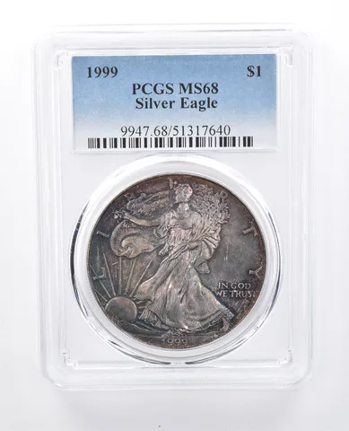 1999 American Silver Eagle MS68 PCGS Blue/Purple Tone *8199