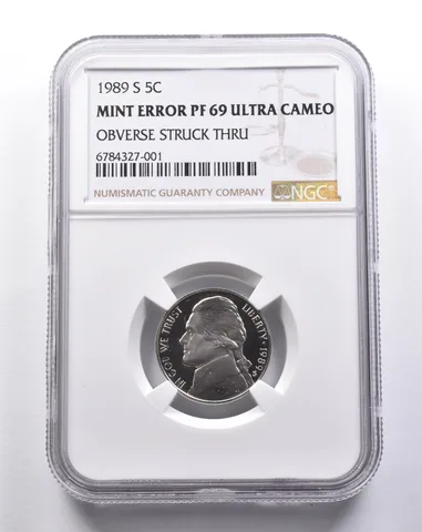 Mint Error PF69 UCAM 1989-S Jefferson Nickel OBV Struck Thru NGC a3241
