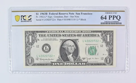 1963 B $1 San Francisco CA FRN Star Note Fr#1902-L* Barr Choice Unc 64 PPQ PCGS