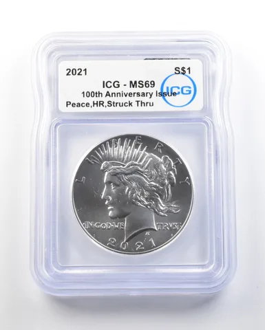 ERROR 2021 Peace Silver Dollar High Relief Struck Thru MS69 ICG a0593