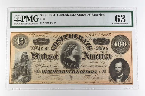 1864 $100 Confederate States of America T-65 Choice Uncirculated 63 PMG *0968