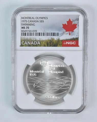 1975 Canada 5 Dollars Silver Olympic Swimming MS70 NGC Canada Lbl