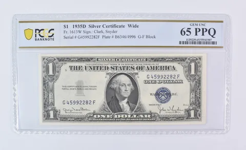 1935 D $1 Silver Certificate Wide Fr#1613W Gem Unc 65 PPQ PCGS