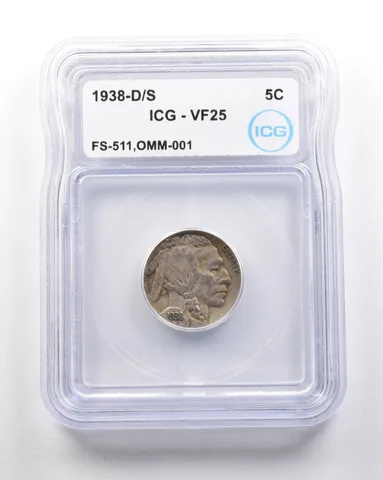 1938-D/S Indian Head Buffalo Nickel Mint Error FS-511 OMM-001 VF25 ICG *1702