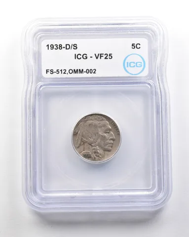 1938-D/S Indian Head Buffalo Nickel Mint Error FS-512 OMM-002 VF25 ICG *1738