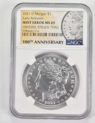 Err MS69 2021-D Morgan Silver Dollar OBV Strck Thru ER 100th Anniv. NGC a9682