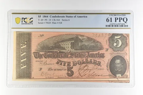 1864 $5 Confederate States America T-69 PF-10 CR-564 Unc 61 PPQ PCGS *4410